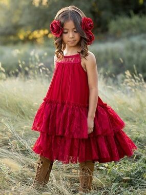 Joyfolie Catrina Tiered Lace Girl's Dress in Crimson